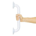 White grab bar held by a hand on a white background