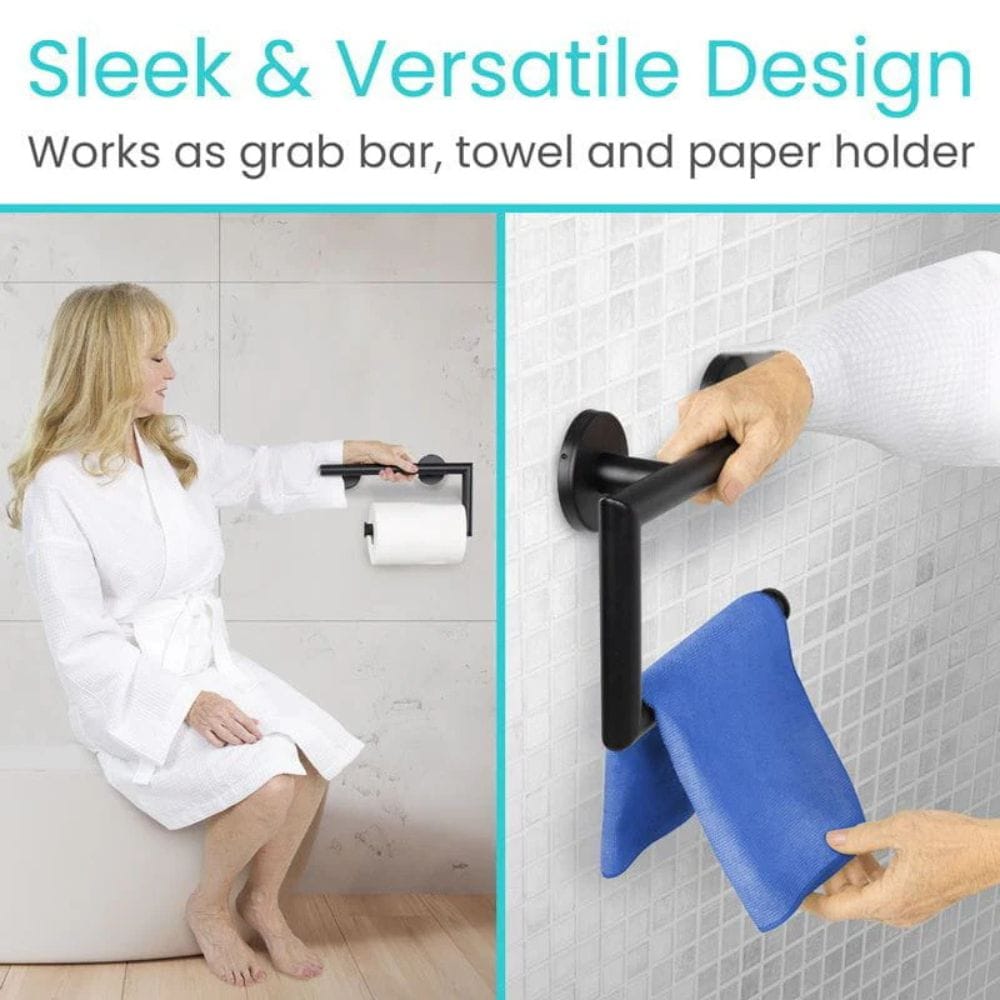 Multifunctional bathroom holder being used as a grab bar, towel holder, and paper holder.