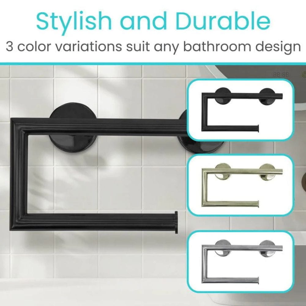 Towel bar with black finish on tiled wall, showing color variations.