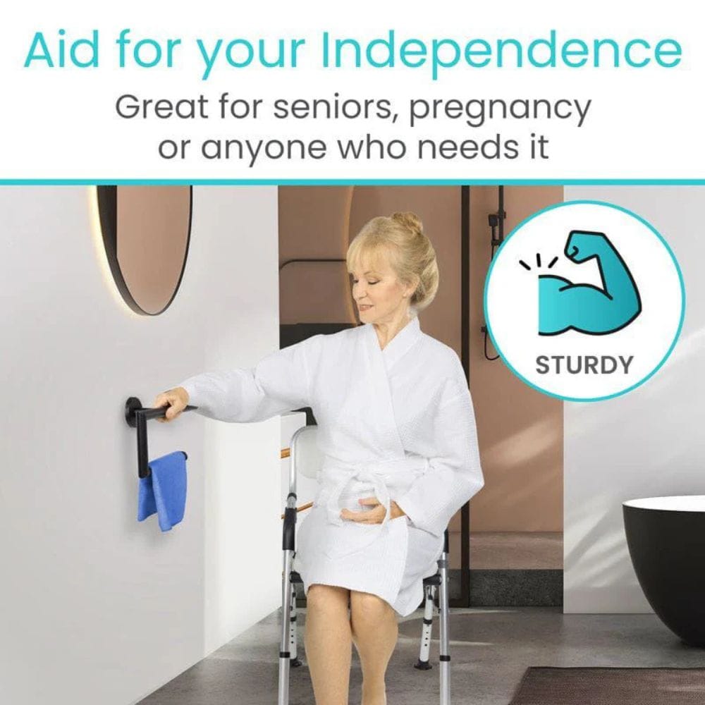 Woman using a bathroom safety aid with text 'Aid for your Independence' and 'Sturdy' icon.