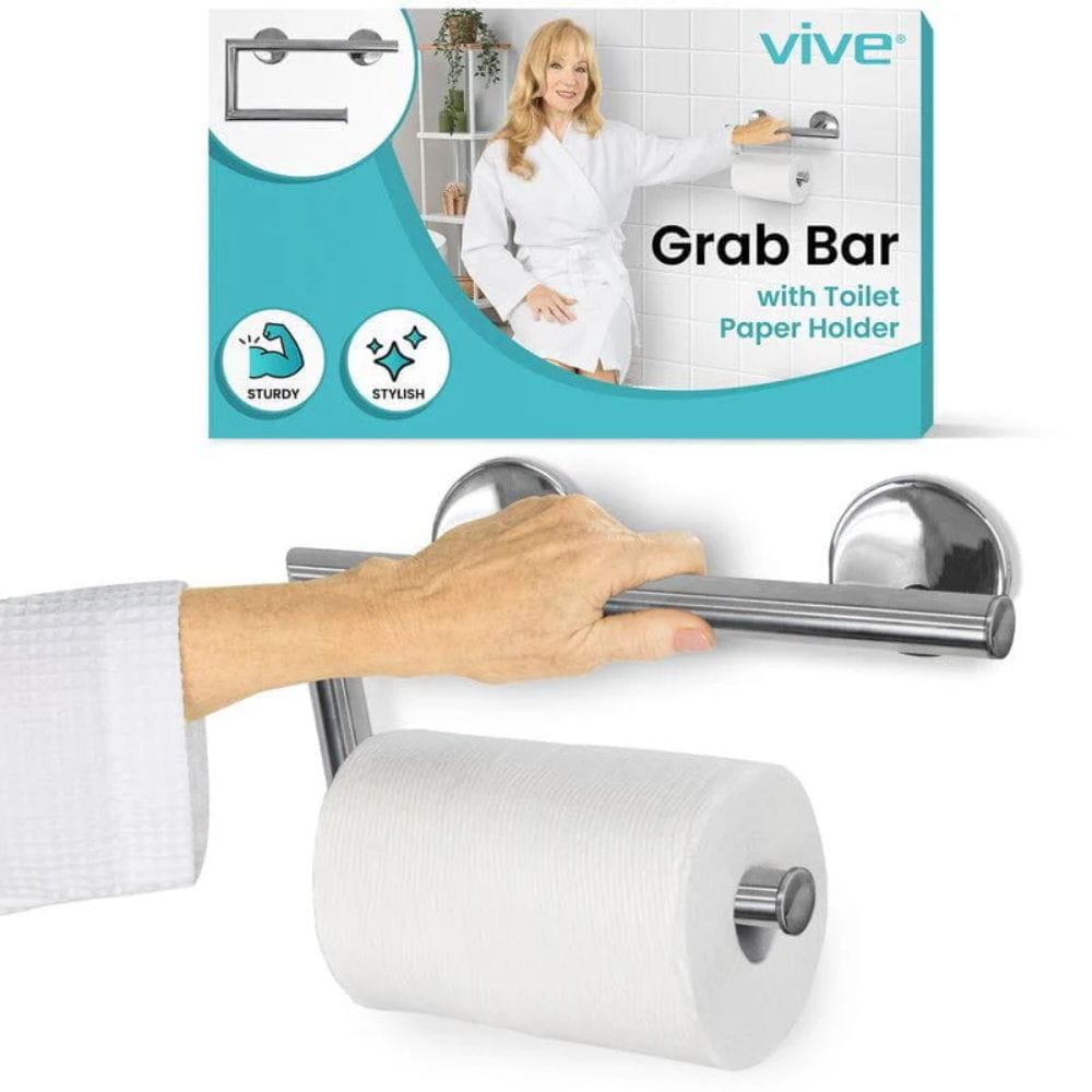 Grab bar with toilet paper holder and packaging labeled 'Vive' on a white background