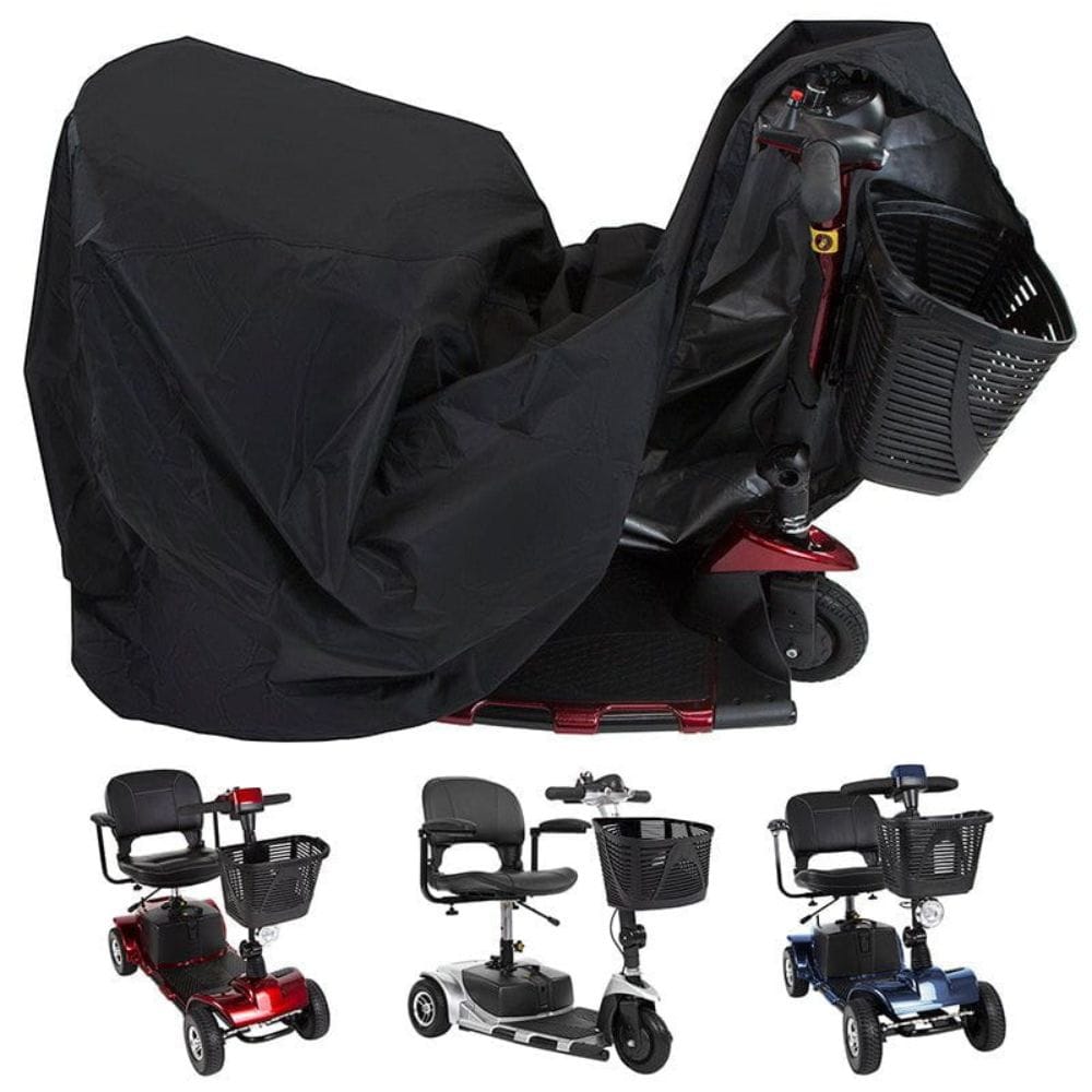 Black scooter cover on a mobility scooter with smaller images of the scooter in different colors below.