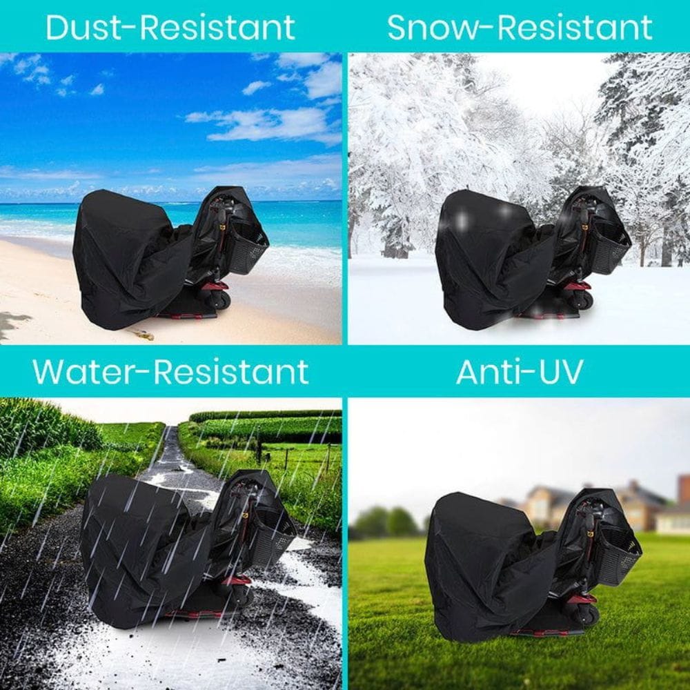 Four images showing a black bag's resistance to dust, snow, water, and UV light.