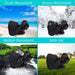 Four images showing a black bag's resistance to dust, snow, water, and UV light.