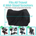 Black scooter cover with dimensions and compatibility with various scooter brands on a white background
