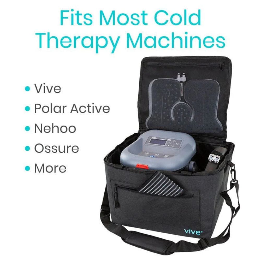 Black carrying case with cold therapy machine inside, featuring Vive branding.