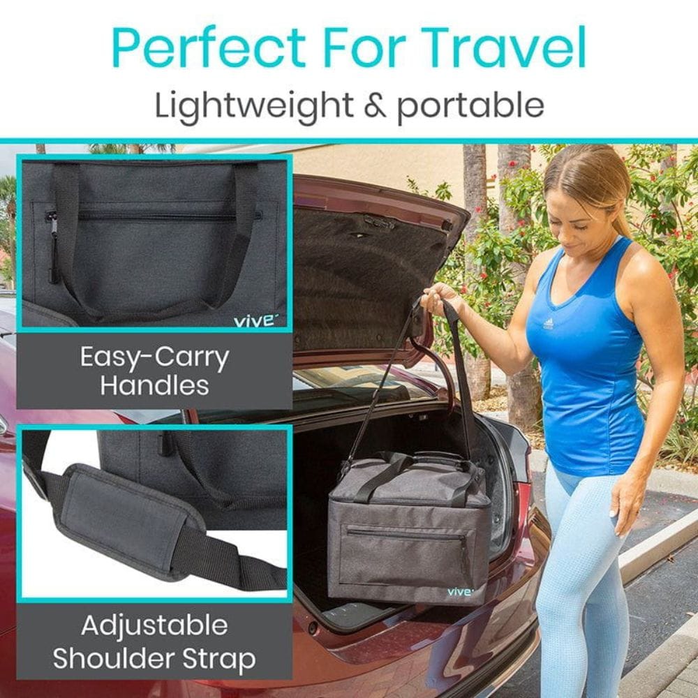 Woman loading a black bag into a car trunk with text highlighting features like 'Easy-Carry Handles' and 'Adjustable Shoulder Strap'.