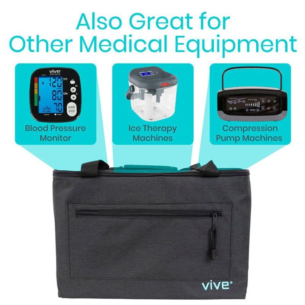 Black bag with medical equipment illustrations and 'vive' branding on a white background