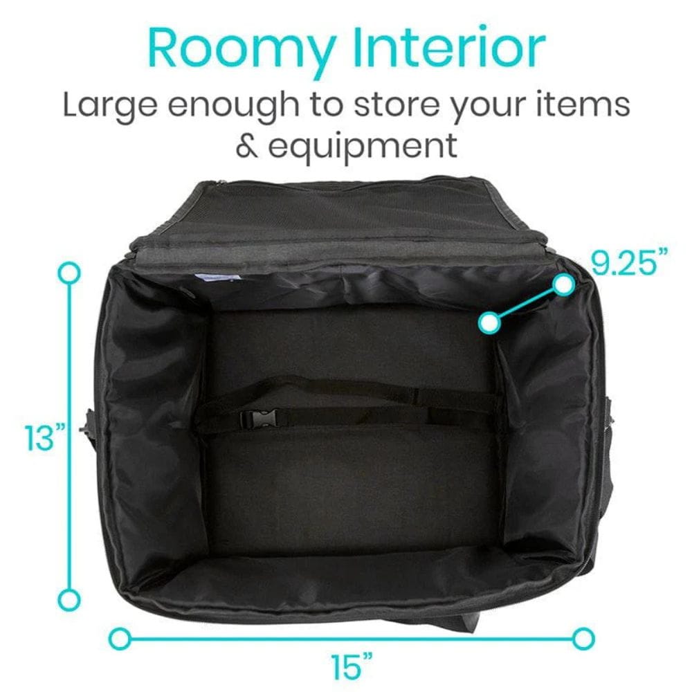 Black backpack with dimensions labeled on a white background