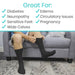 Person wearing black compression socks with a list of conditions they are beneficial for on a white background.