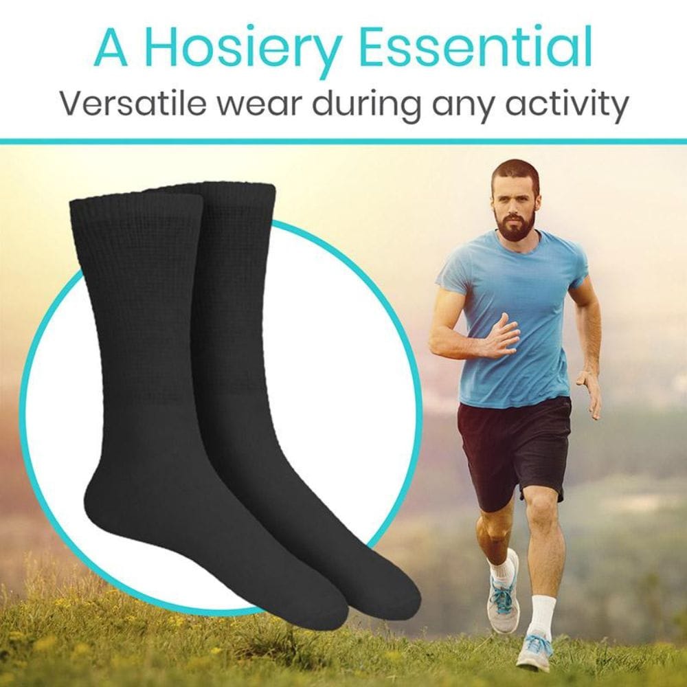 Black socks with a man running in the background, labeled as 'A Hosiery Essential'.