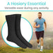 Black socks with a man running in the background, labeled as 'A Hosiery Essential'.