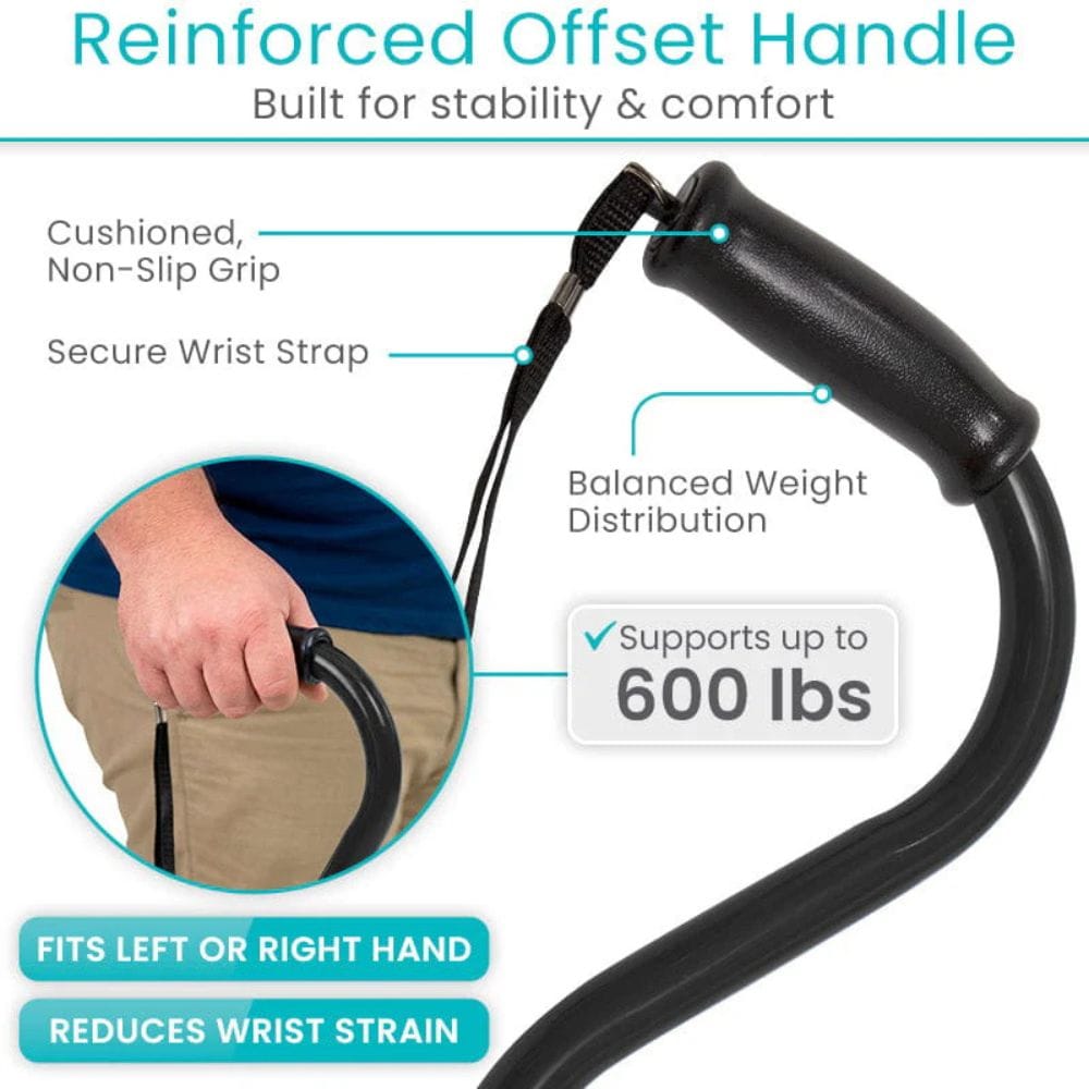 Reinforced offset handle with features highlighted on a white background