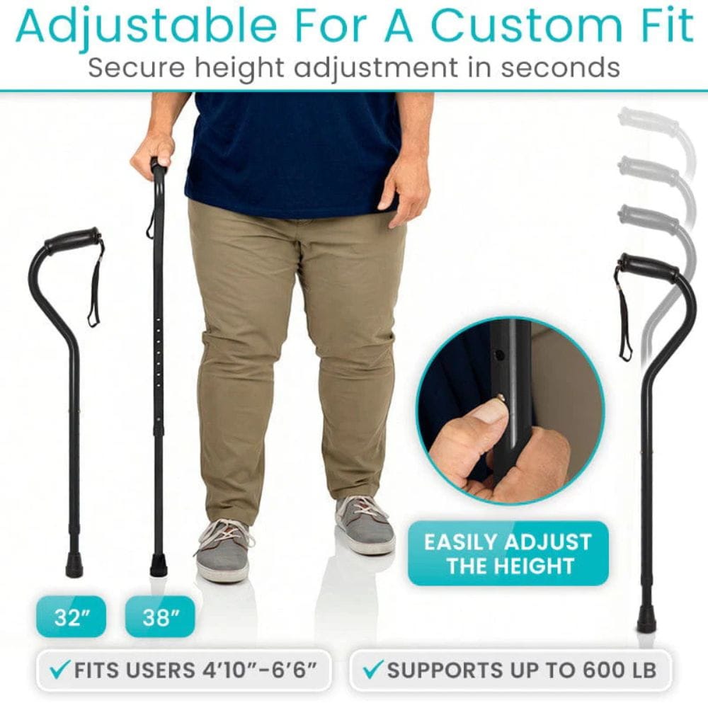 Adjustable walking cane with height adjustment feature, person using it, and close-up of adjustment mechanism.