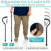 Adjustable walking cane with height adjustment feature, person using it, and close-up of adjustment mechanism.