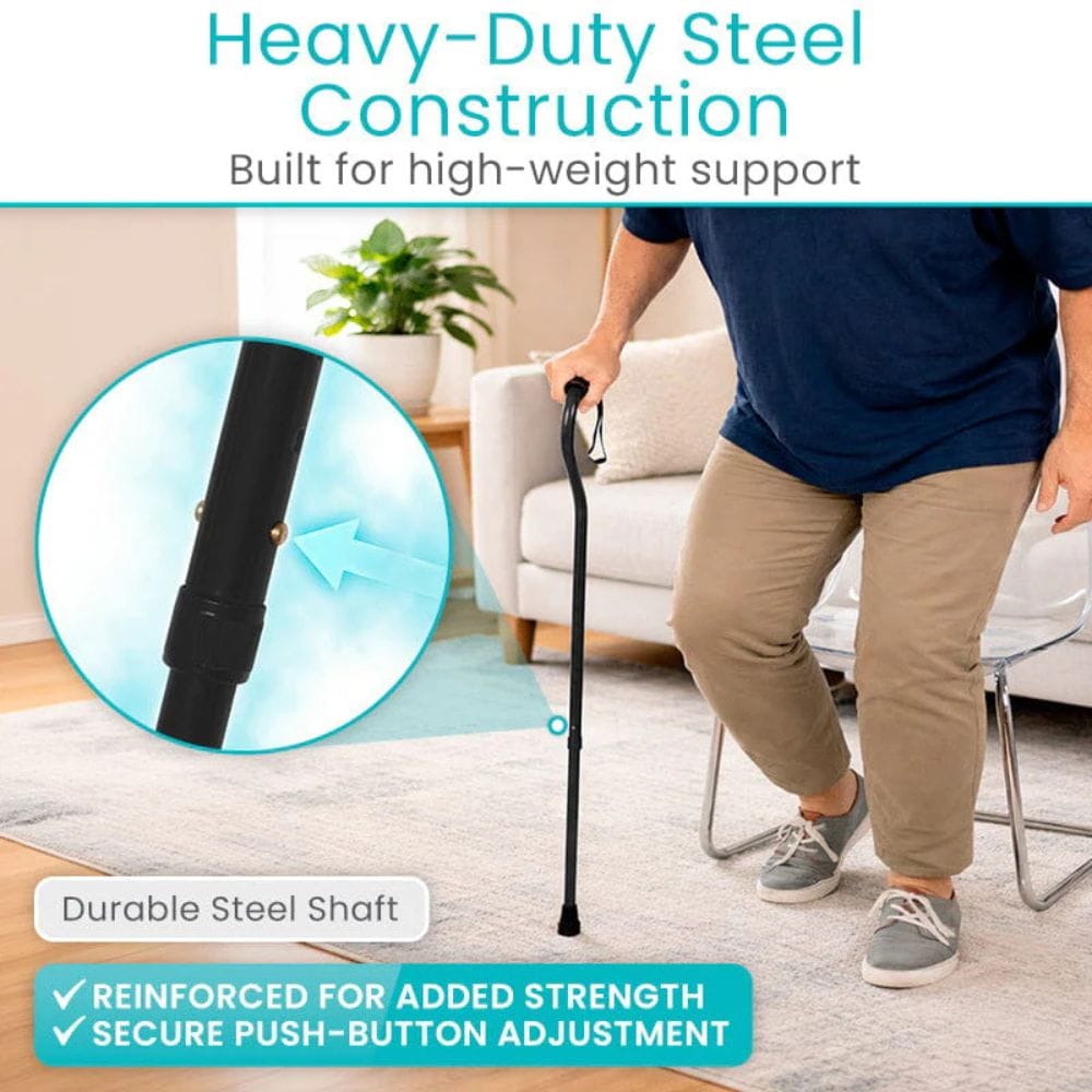 Person using a walking cane with text highlighting heavy-duty steel construction and push-button adjustment.