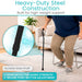 Person using a walking cane with text highlighting heavy-duty steel construction and push-button adjustment.