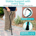 Person using a cane with text highlighting stable support and centered stability features.