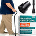 Bariatric offset cane with packaging and close-up of handle on a white background