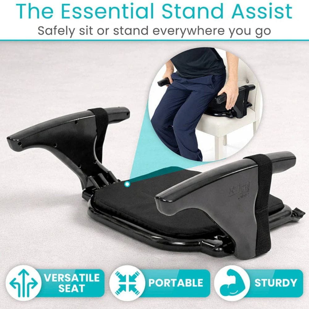 Black 'Essential Stand Assist' product with text and images of a person using it.