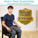 Man sitting on a chair with 'Vive Health' 1-year guarantee badge displayed.