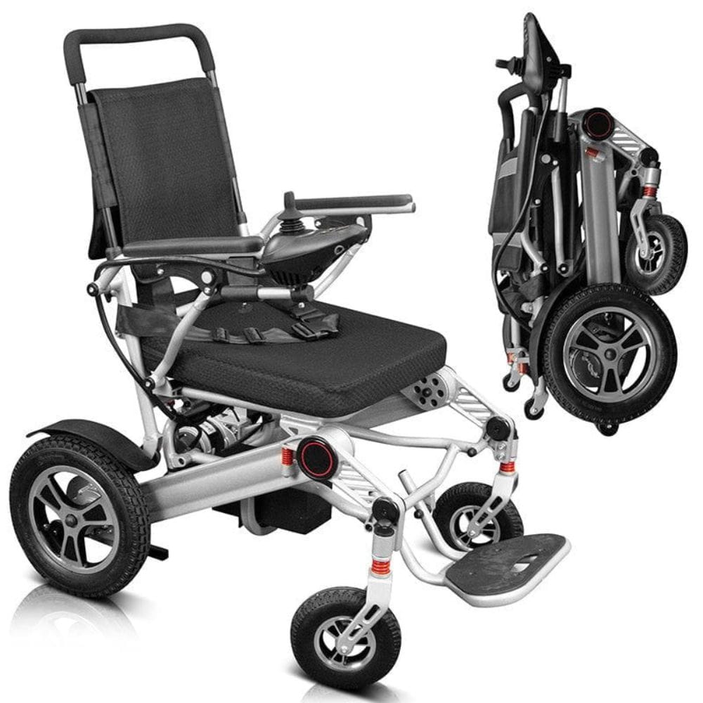 Foldable electric wheelchair with a compact version on a white background