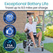 Man using a mobility scooter with certification logos and text about battery life and approval standards.