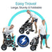 Foldable mobility scooter with text 'Easy Travel' and 'Large, Sturdy & Foldable' on a white background.