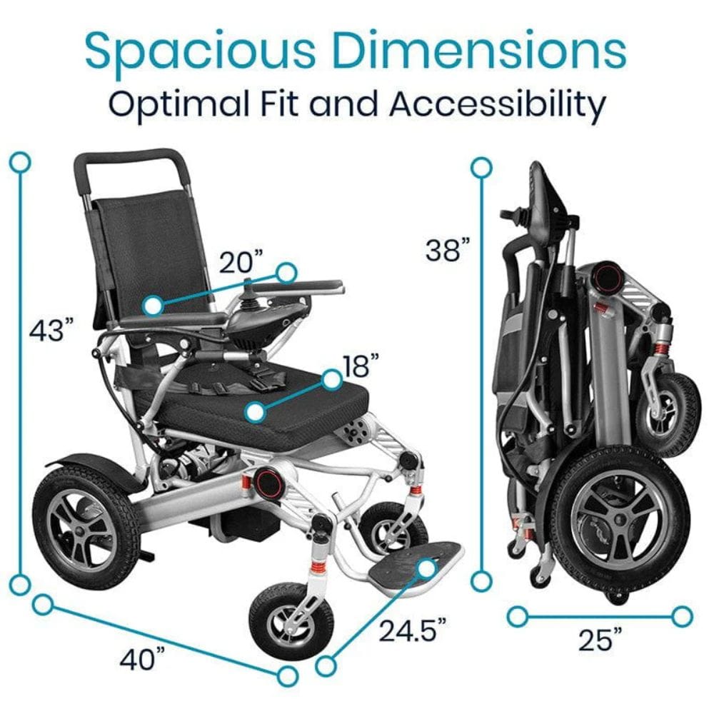 Measurement chart of a folded and unfolded electric wheelchair with dimensions labeled.