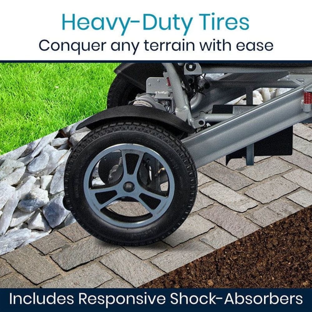 Heavy-duty tires on a vehicle with text highlighting their capability to conquer any terrain.