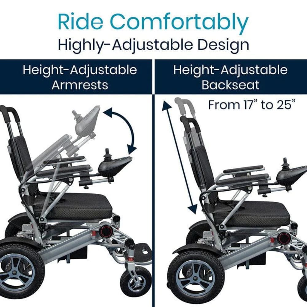 Electric wheelchair with height-adjustable armrests and backseat, emphasizing comfort and customization.