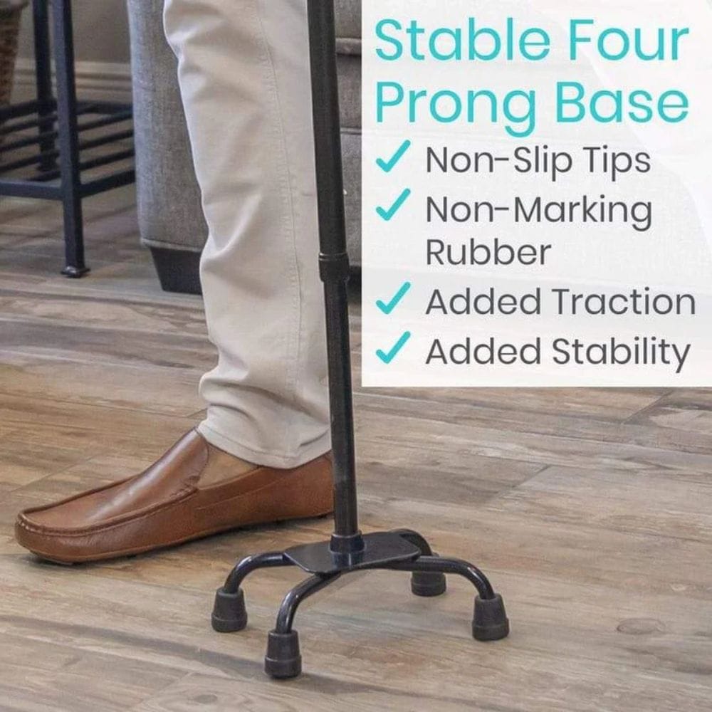 Stable four prong base with non-slip tips and added traction on a wooden floor.