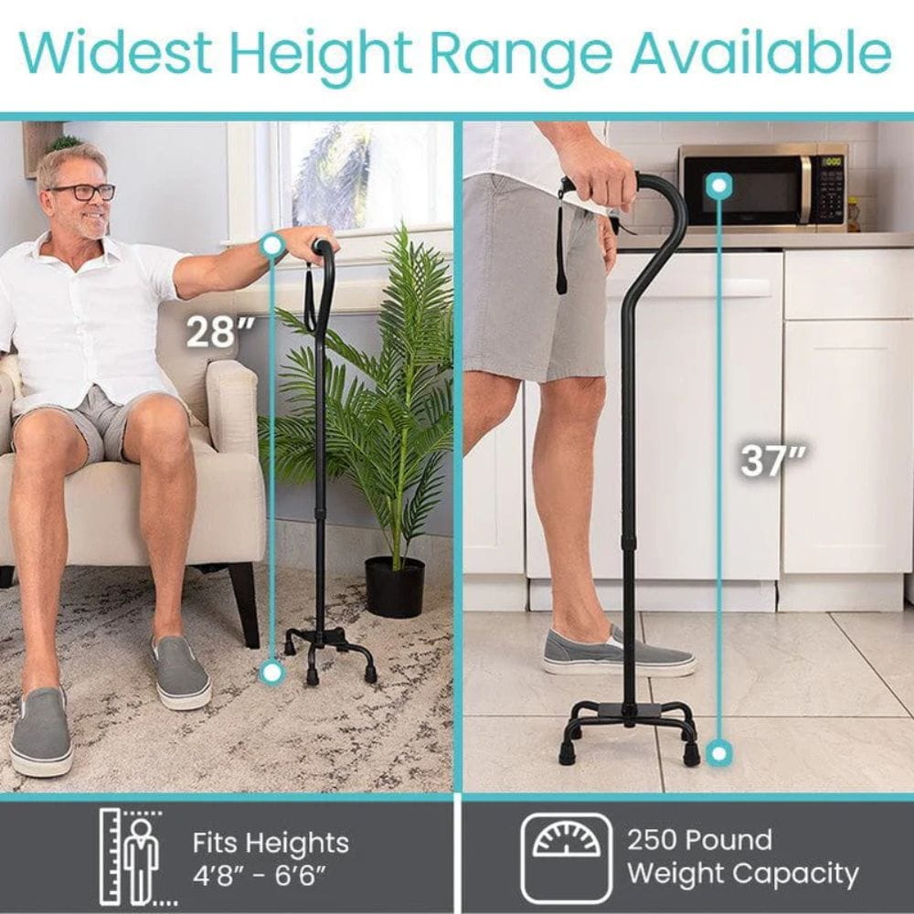 Collage showing a person using a walking stick with measurements and product details.