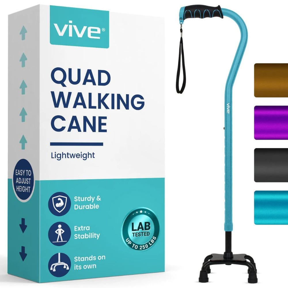 Vive quad walking cane with packaging on a white background