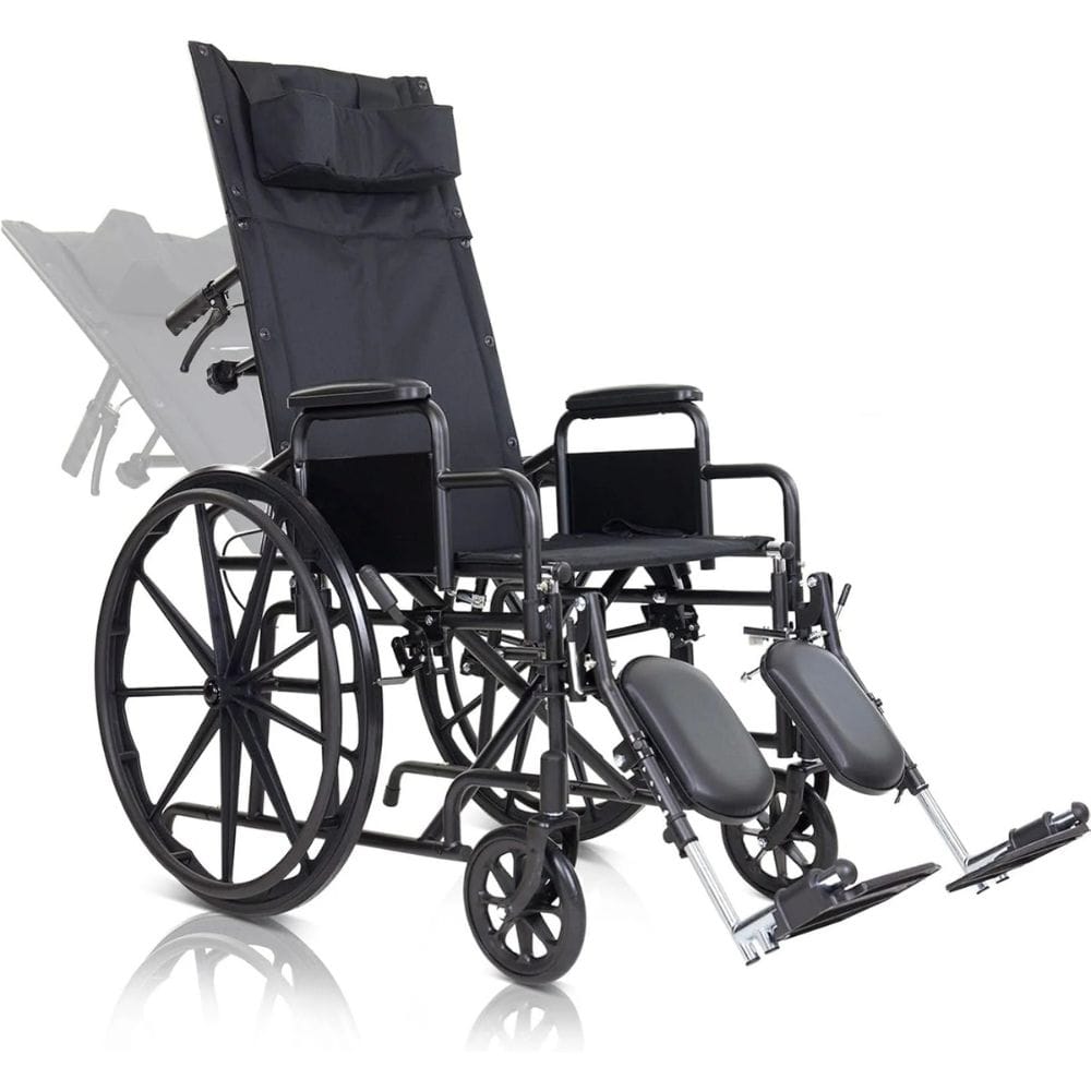 Black wheelchair with reclining backrest on a white background