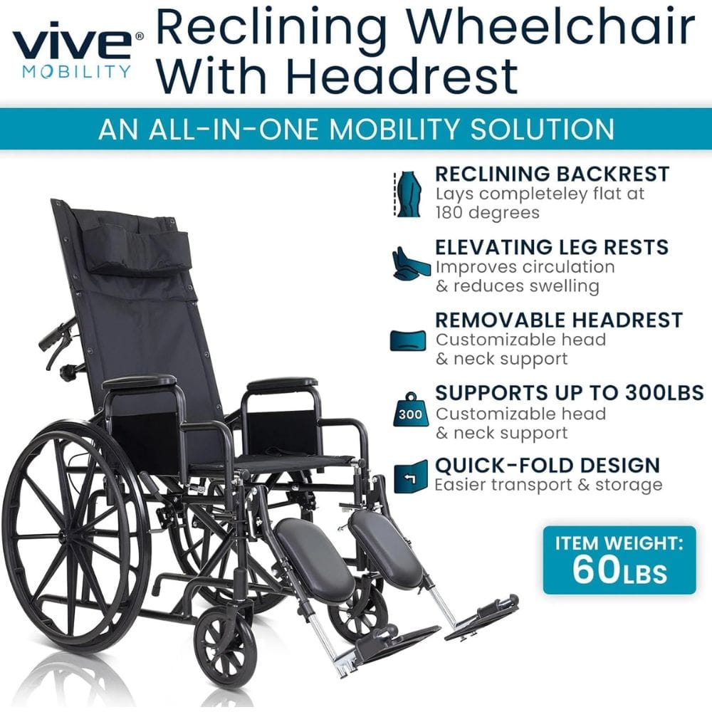 Reclining wheelchair with headrest and features listed on a white background