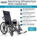 Reclining wheelchair with headrest and features listed on a white background