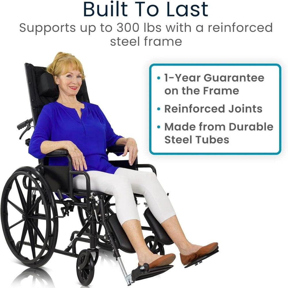 Woman using a wheelchair with text highlighting durability features on a white background