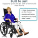 Woman using a wheelchair with text highlighting durability features on a white background