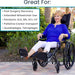 Woman using a wheelchair with text indicating its uses for various medical conditions.