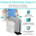 Person using a toilet seat cover with text highlighting features like stability, setup speed, and handrail.