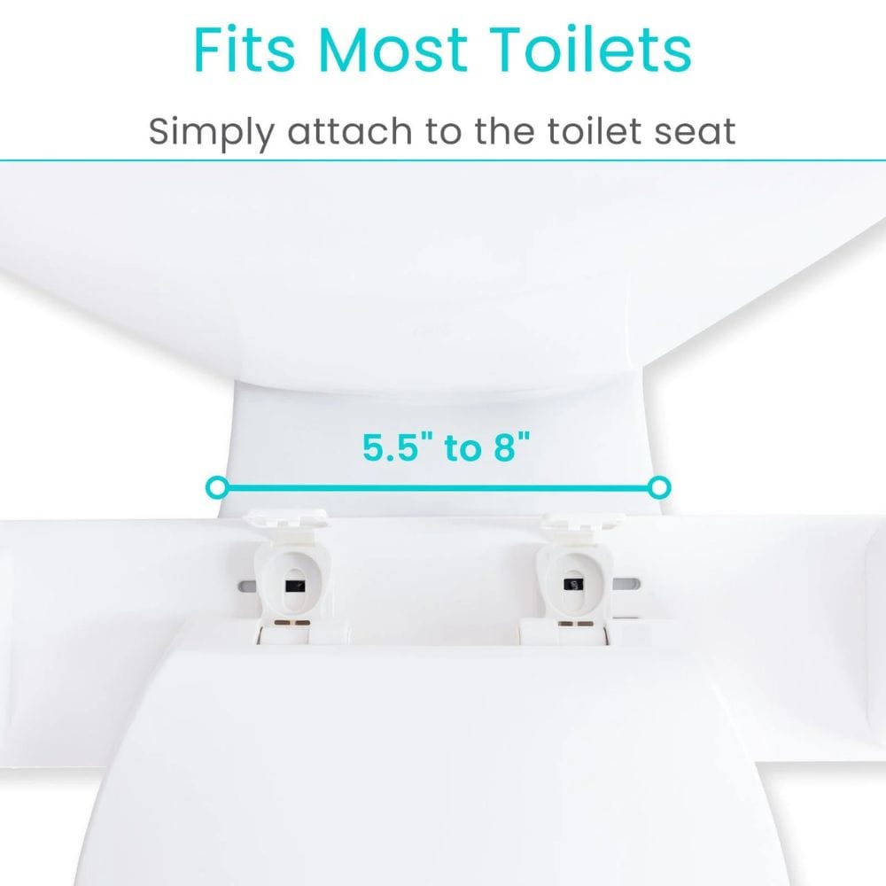 White toilet seat with measurement text on a white background