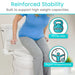 Person using a toilet seat support with text about reinforced stability and weight capacity.