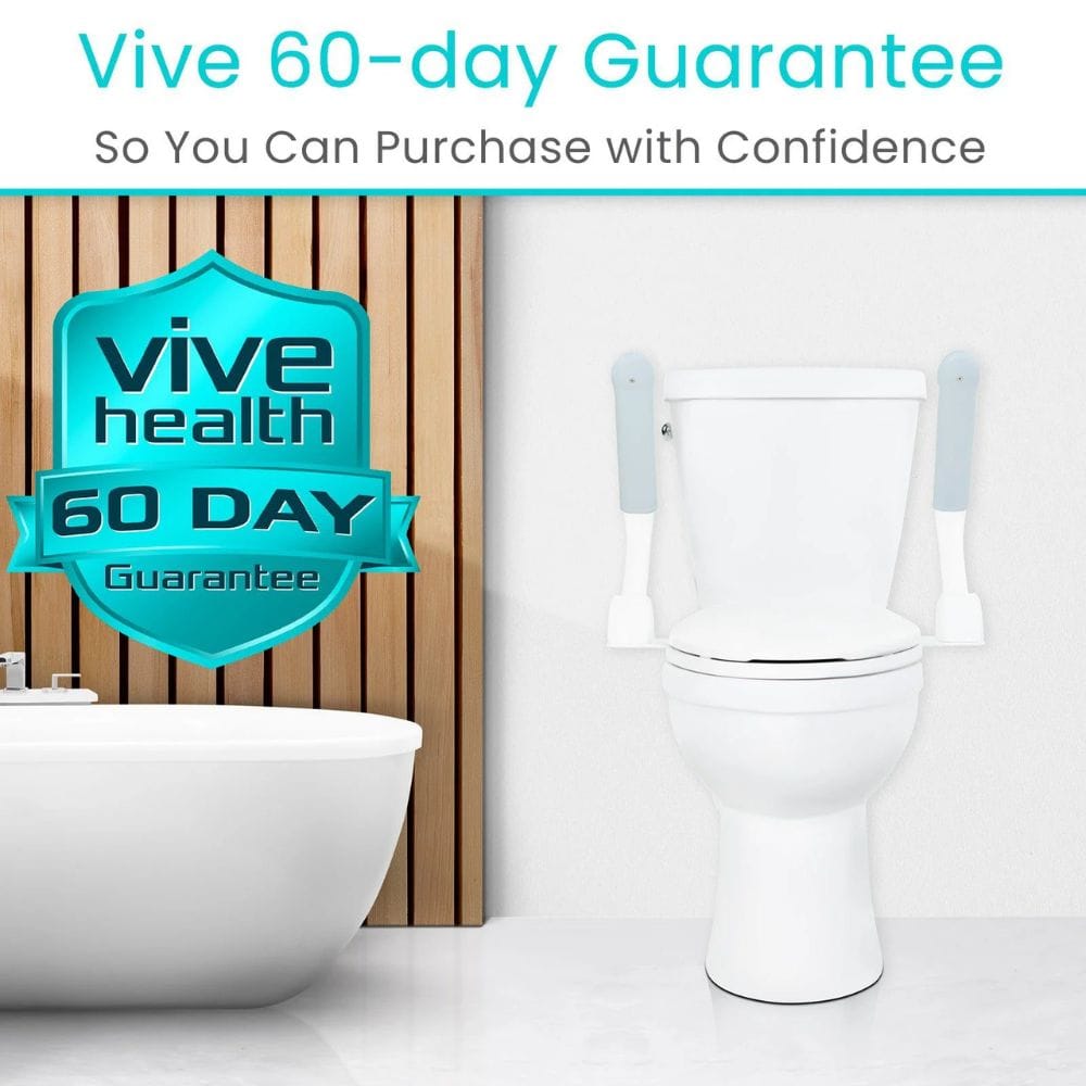 White toilet and bathtub with Vive Health 60-day Guarantee badge in a bathroom setting.
