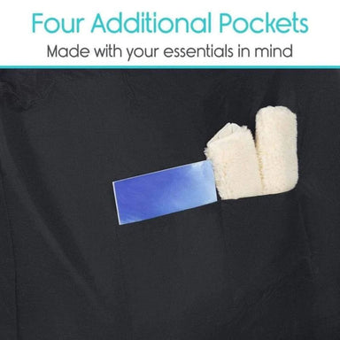 Black jacket with a pocket containing a blue item and white fabric, text 'Four Additional Pockets Made with your essentials in mind' above.
