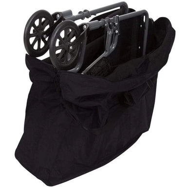 Black bag with a folded black stroller inside on a white background