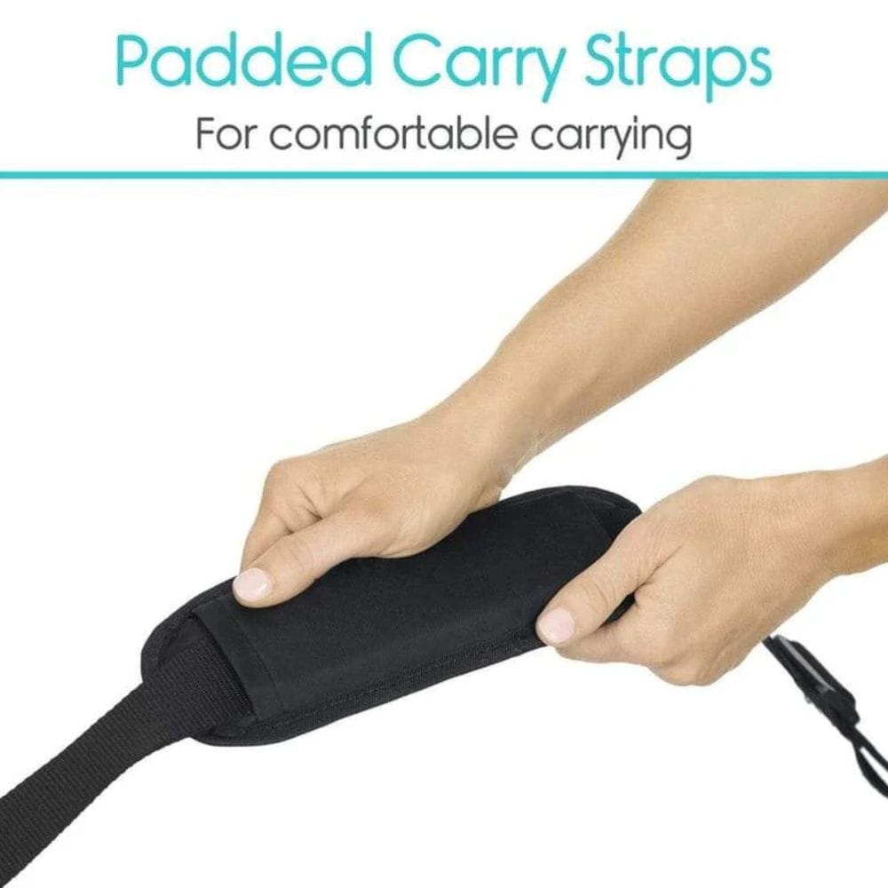 Black padded carry strap held by hands with text 'Padded Carry Straps For comfortable carrying' on a white background.