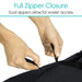 Person using dual zippers on a black garment with text 'Full Zipper Closure' and 'Dual zippers allow for easier access'.