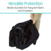 Black travel bag for a stroller with text 'Versatile Protection Made durable for frequent flyers and travelers' on a white background.
