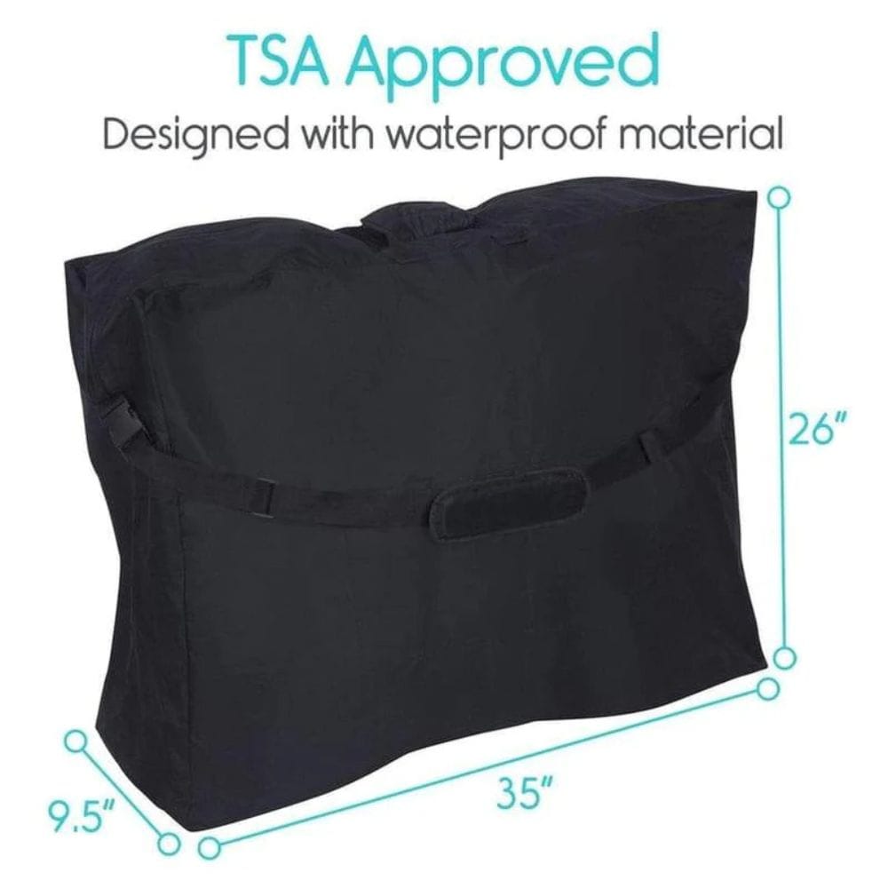 Black travel bag with dimensions and 'TSA Approved' text on a white background